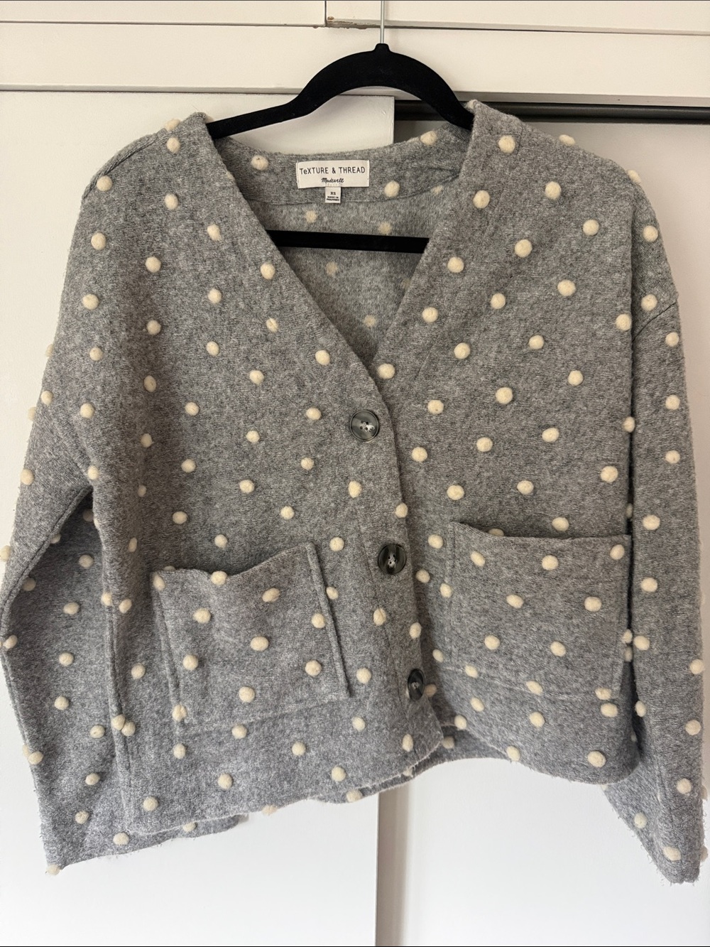 Madewell Gray Cardigan with Cream Pom-Dot Texture